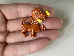 Happy Puppy Dog Brown W/Yellow Bone Brooch Pin Playful Good Boy Metal Vintage - Picture 1 of 11