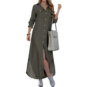 Women's Casual Long Sleeve Button Front Maxi Shirt Dress - Picture 1 of 14