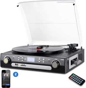 Wireless Bluetooth Turntable Record Player with Stereo Speakers for Vinyl to MP3 - Picture 1 of 7