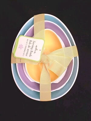 Juego de 3 cuencos de anidación en forma de huevo con sello azul, púrpura, amarillo decoración de primavera usados en excelente estado Foto 1 de 4
