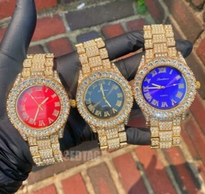 Reloj de metal para hombre totalmente helado de lujo hip hop circonio simulado diamante chapado en oro - Imagen 1 de 13