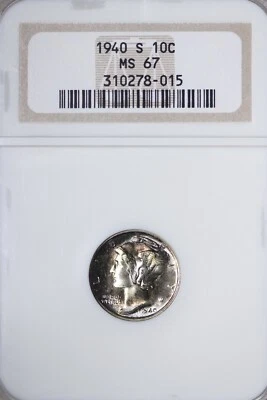 GEM++ BU 1940-S Mercury Dime NGC MS67 Pleasing Toning Older Style Holder KFK - Image 1 of 4