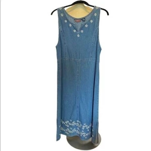 Agapo Denim Embroidered Sleeveless Maxi Dress Size PM Blue with Silver Flowers - Picture 1 of 6