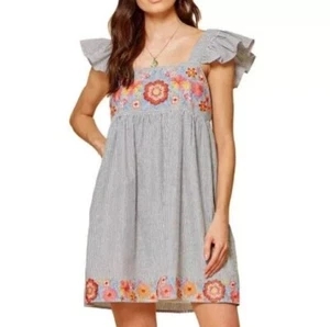 NWT Savanna Jane Ruffle Sleeves Embroidered Blue Mini Dress Small Babydoll Boho - Picture 1 of 11