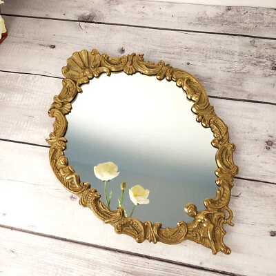 Miroir vintage allongé style baroque & rocaille avec cherubins en bronze France - Photo 1/4