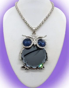 Sparkly Cute!  Betsey Johnson Chubby Mirror Belly Blue Crystal Eyes Owl Necklace - Picture 1 of 17