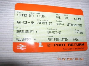 Train Ticket USED Shrewsbury to Welshpool - Wales in UK 10-20-2007 - Picture 1 of 1