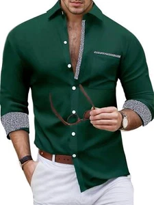 Mens Long Sleeve Casual Tops Men Button Lapel Slim Fit Flower Buttons Shirts - Picture 1 of 13