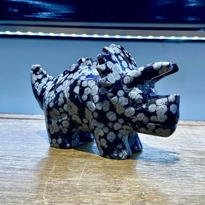 Snowflake Obsidian Triceratops Carving - Crystal Dinosaur - 8.18OZ - Image 1 of 4