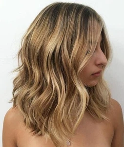 Balayage Sandy Honey Blonde Highlight Lace Front Wavy Wigs 100% Human Hair Wigs - Picture 1 of 4