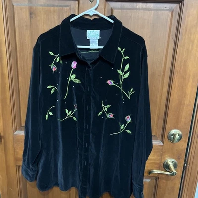 Quacker Factory Shirt Jacket Womens 2X Black Velvet Rose Embroidered Rhinestones - Image 1 of 4