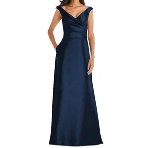 Alfred Sung Midnight Blue Off Shoulder Satin Twill Maxi Dress Draped Bodice 14R - Picture 1 of 6