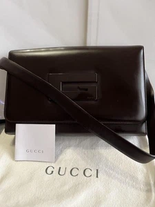 GUCCI Shoulder Bag Leather Dark Brown Logo Plate Stylish Women w/Dust Bag Auth - Picture 1 of 17