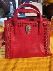 Phillip Plein Red Shoulder Bag 100% Calf Leather Skull Studded Spike Rhinestones - Picture 1 of 22