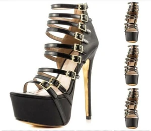 Women Platform Sandals Open Toe Stiletto High Heels Black Shoes Big Size 34-47 - Picture 1 of 13