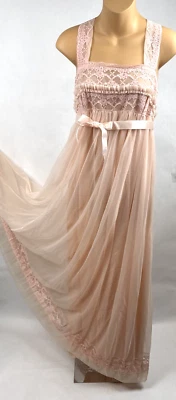 Vintage Pink Chiffon Nightgown Size 36 Lace Sheer Long Full Gown France - Image 1 of 4