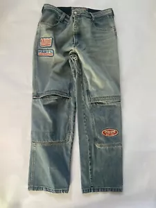 Icon Mens Anthem Pants Biker Moto Jeans Cargo Blue Denim Patches Size 38x34 - Picture 1 of 7