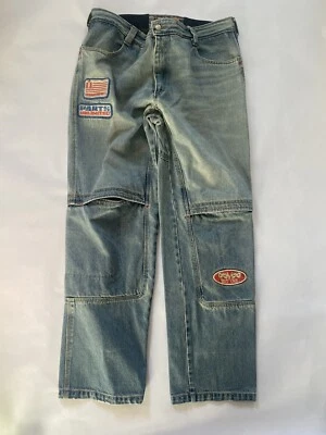 Icon Mens Anthem Pants Biker Moto Jeans Sz 38x34 Cargo Blue Denim Patches - Image 1 of 4