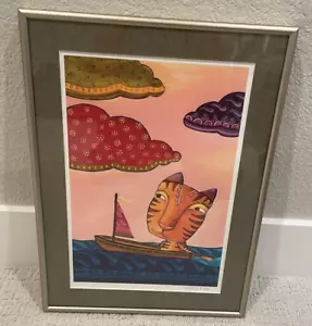 Cat in Sailboat Art Print By Cary Lane Mount Baker Artist Professionally Framed - Picture 1 of 8