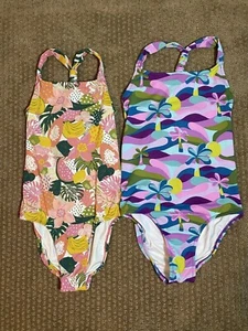 SET (2) Garnet Hill Kids Swimsuit Sz 12 Floral Palm Trees One-Piece - Picture 1 of 7