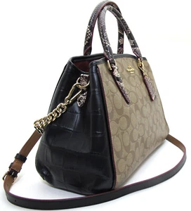 NUEVO COACH MARGOT Cartera de Hombro de Cuero de Serpiente en Grabado Firma Caqui/Negro - Imagen 1 de 5
