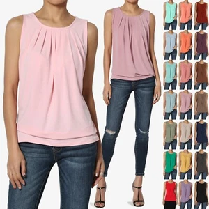 S~3X Sleeveless Pleated O Crew Neck Tank Top Essential Stretch Blouse - Picture 1 of 164
