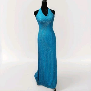 Maxi Vestido Halter Diseño Tiffany Seda Con Cuentas Baile de graduación 4 Azul Hada Glamour - Imagen 1 de 11