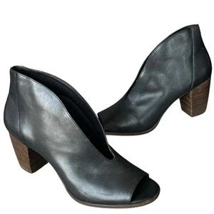 Lucky Brand Joal Ankle Bootie Womens 11 Black Leather Stacked Heel Open Toe - Picture 1 of 14