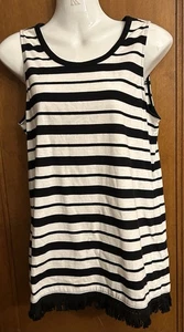 Lord & Taylor Women's Size XS White Black Stripped Top with Fringe Sleeveless - Picture 1 of 4