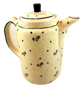 Boleslawiec Polish Pottery 1 Qt Coffee Pot Handpaint Speckles & Blue Flowers - Picture 1 of 10