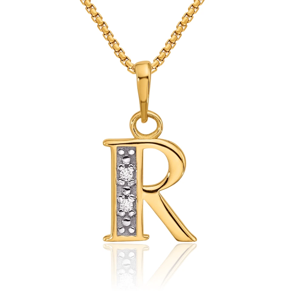 Collar inicial de diamantes con letra R de oro amarillo macizo de 14K Foto 1 de 1