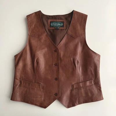 Overland Leather Lined Western Ranch Four Button Pockets Brown Vest men XL - Image 1 of 4