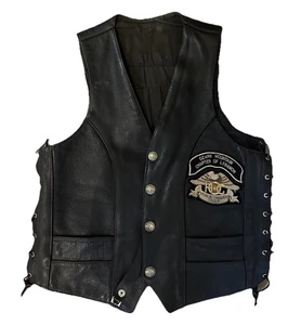 Fox Creek Herren schwarz Leder Biker Motorrad Buffalo Nickel Druckknöpfe Weste Patches - Bild 1 von 15