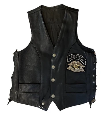 Fox Creek Hombres Cuero Negro Motociclista Motocicleta Búfalo Níquel Broches Chaleco Parches Foto 1 de 4