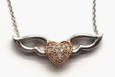 Sterling Silver 14K Rose Gold Tone Diamond Cluster Heart Love Wings Necklace - Image 1 of 4