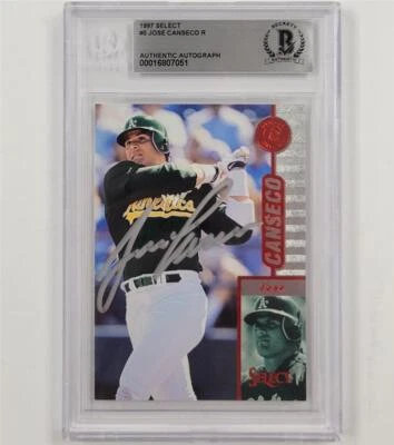 Tarjeta firmada por José Canseco 1997 Select #5 autógrafo Oakland A's ~ Beckett BAS Foto 1 de 2