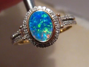 Opal and Diamond Ring , Solid  14k Yellow Gold , Brilliant Blue - Picture 1 of 13
