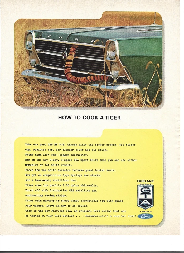 Original 1966 Ford Fairlane GTA vintage print ad: "How to cook a tiger." - Image 1 of 1