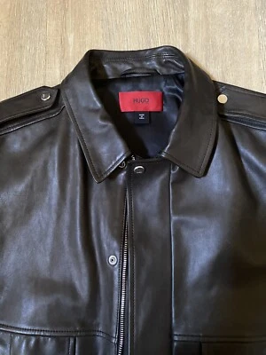$795 Hugo Boss Chaqueta de Cuero Suave Etiqueta Roja Marrón Talla Mediana Foto 1 de 4