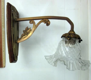 GLAS WANDLAMPE HOLZ MESSING ORIGINAL VINTAGE - Bild 1 von 7