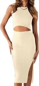 Women'S Summer Midi Bodycon Dresses Casual Crew Neck Side Slit Sleeveless Knit C - Picture 1 of 3