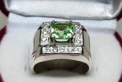 Emerald Cut Natural Kohistani Green Peridot 925 Silver Handmade Men Elegant Ring - Image 1 of 4