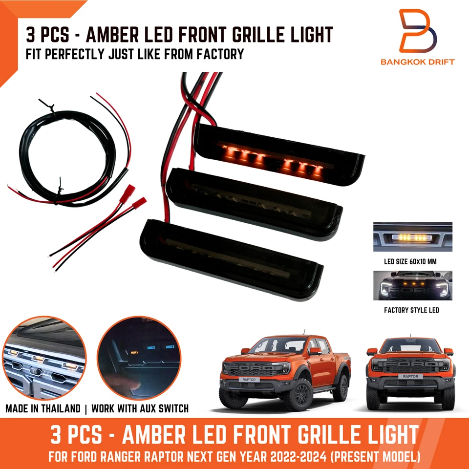 LED ÂMBAR 3 PEÇAS LÂMPADA DE GRADE FRONTAL PARA FORD RANGER RAPTOR NEXT GEN 2022-2025 - Imagem 1 de 4