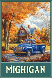 Póster de viaje arte casero camión árboles follaje otoño Michigan impresión de giclee 16x24 - Imagen 1 de 1