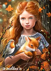 Edición Limitada IMPRESIÓN ACEO Otoño Fox Cub Girl Robin Vida Silvestre Naturaleza M. Mishkova - Imagen 1 de 1
