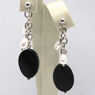 Pendientes Colgantes Oro Blanco 18K, Rolo, Perlas Blancas Gota, Ónix Ovalados - Imagen 1 de 4