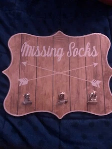 MISSING SOCKS Laundry Room Sign wood with clips NEW Wall Decor - Picture 1 of 2