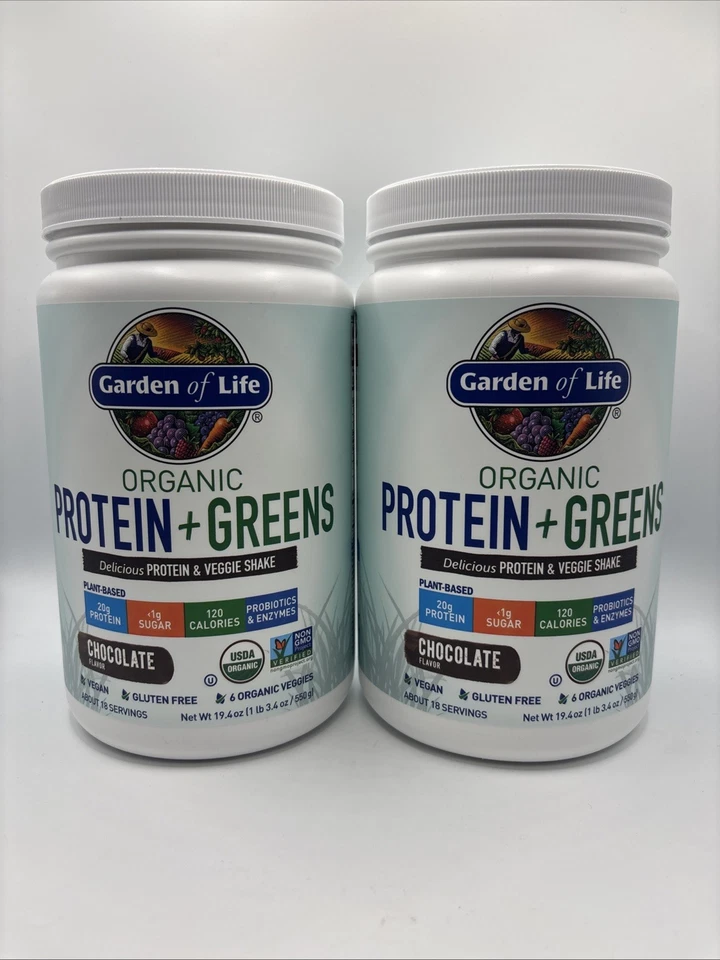 (2) Proteína orgánica en polvo Garden of Life y proteínas verdes chocolate 20 g, 19,4 oz Foto 1 de 4