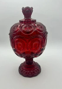 Vintage L.E. Smith Ruby Red Moon & Stars Candy Compote Lidded Pedestal Dish 9” - Picture 1 of 8
