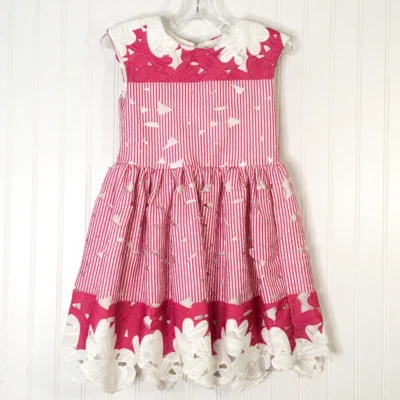Halabaloo Girls Fit And Flare Dress Pink White Striped Floral Cut Out Lined 6 - Image 1 of 3